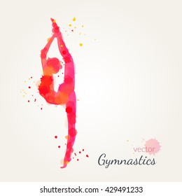 Silhouettes of a gymnastic girl. Vector watercolor illustration on a paper background