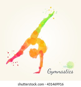 Silhouettes of a gymnastic girl. Vector watercolor illustration on a paper background