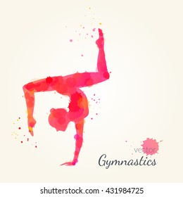 Silhouettes of a gymnastic girl. Vector watercolor illustration on a paper background