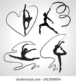 Silhouettes of gymnastic girls. Art gymnastics with ribbon, vector illustration set