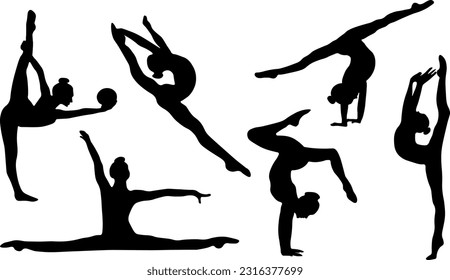 silhouettes of gymnastic poses black silhouette of asport women gymnastics girl silhouette Gymnast girl silhouette isolated	
