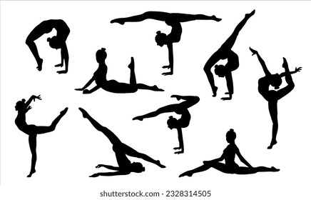  silhouettes of gymnastic poses black silhouette of asport women gymnastics girl silhouette Gymnast girl silhouette isolated