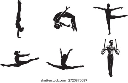 Silhuetas de ginastas realizando vários exercícios acrobáticos e baseados em força
