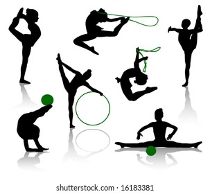 Silhouettes of gymnasts with various sports subjects. A ball, a skipping rope, a hoop