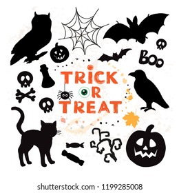 Silhouettes Halloween collection. Owl, black cat, spider, broom, crow, bat and inscription trick or treat