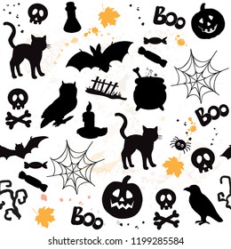 Silhouettes Halloween collection. Owl, black cat, spider, broom, crow, bat seamless pattern