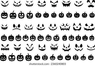 Silhouettes of Halloween pumpkins and ghost, pumpkin or Jack o lantern faces that are funny and scary for Halloween, Vector illustration of carved faces
