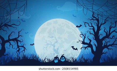 Silhouettes of Halloween in a spooky setting and menacing pumpkins. Full Moon Night in the Spooky Forest.