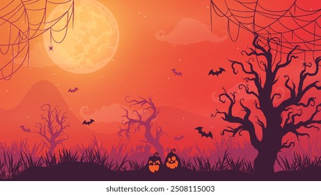 Silhouettes of Halloween in a spooky setting and menacing pumpkins. Full Moon Night in the Spooky Forest.