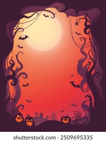 Silhouettes of Halloween in a spooky setting and menacing pumpkins. Full Moon Night in the Spooky Forest.