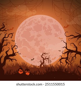 Silhouettes of Halloween in a spooky setting and menacing pumpkins. Full Moon Night in the Spooky Forest.