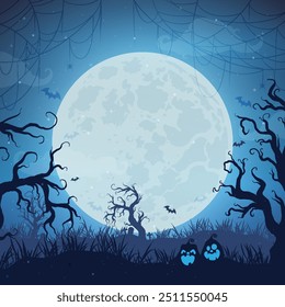 Silhouettes of Halloween in a spooky setting and menacing pumpkins. Full Moon Night in the Spooky Forest.