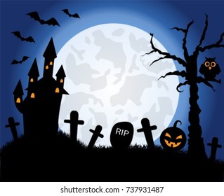 silhouettes of halloween symbols on the background of the moon and the evening sky
