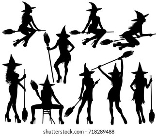 Silhouettes Halloween Witches Standing Sitting Poses Stock Vector 