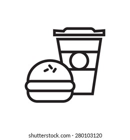 Silhouettes of a hamburger and paper cup, isolated on white background. Fast food symbol.