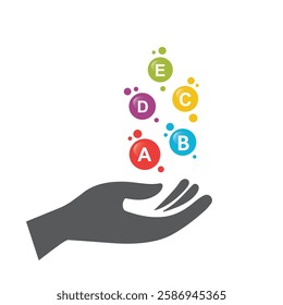 Silhouettes of hand catching pills and capsules - Vitamin A,  B, C,  D, E.