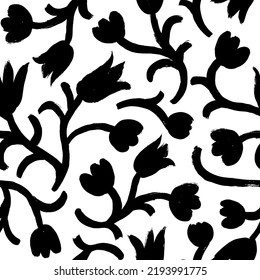 Silhouettes of hand drawn tulips seamless pattern. Bold geometric flowers with petals and leaves. Hand drawn bold strokes and swirled stems. Black ink ornament in naive style. Abstract background.