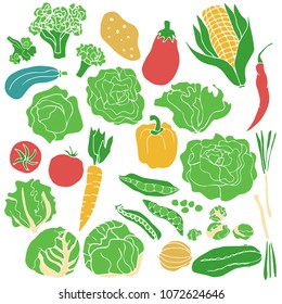 Silhouettes of hand drawn vegetables collection in limited color palette. Vector illustration