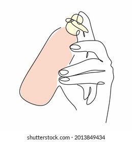 Siluetas de una mano con una botella de perfume en un estilo minimalista de una sola línea. Cosméticos, estampado de camisetas, sitios web de perfumes, ilustración vectorial