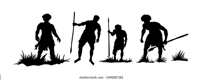 Silhouettes hand-drawn of four men from the tribe. Hunting or war.