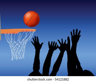 Silhouettes of hands and ball on a blue background