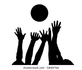 Silhouettes of hands and ball on a white background