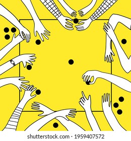 Silhouettes of hands in different gestures drawn in freehand doodle style isolated on yellow background. Perfect for kids playroom, textiles, packaging. Stay home hobby time concept.