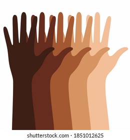 Silhouettes of hands with different skin colors against racism. Vector illustration