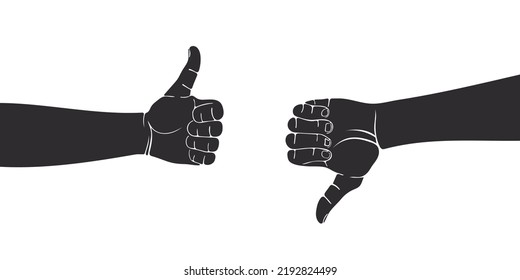Silhouettes of hands. Finger sign up finger down. Drawn hands, collaboration, voting. Vector illustration