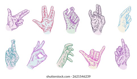 Manos de siluetas en estilo de color semitono plano. Establecer dibujado a mano concepto de diseño de diferentes gestos para la impresión, tatuaje. Ilustraciones retro de Vector moderno con brazo.