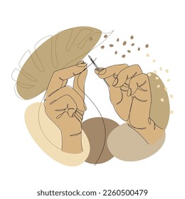 Silhouettes of the hands of a person threading the eye of a needle in a modern one line style and the leaves of a plant. Solid line, sketches for posters, stickers, logo. Vector illustration.
