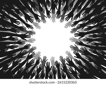 Silhouettes of hands reaching toward the center
