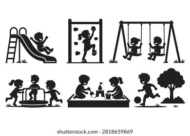 Silhouettes of happy children playing at the playground