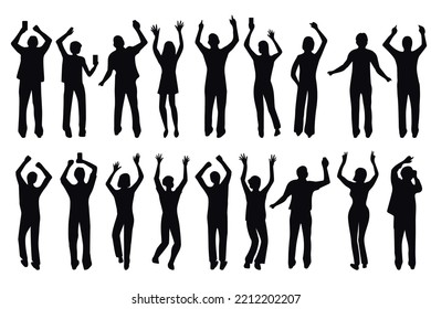 Silhouettes happy dancing people set on white background