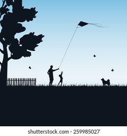 Silhouettes of a happy family of the child and the father with kite on blue background, illustration.