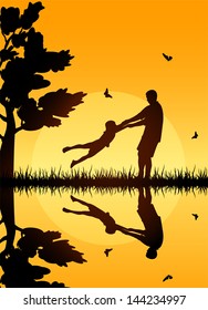 Silhouettes of a happy family of the father and the child, illustration.