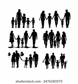 Silhouettes of happy family holding the hands vector template illustration