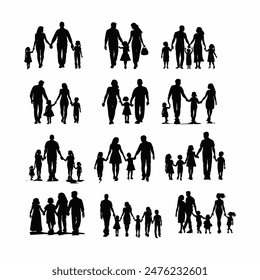 Silhouettes of happy family holding the hands vector template illustration