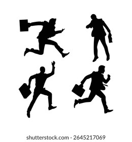silhouettes of happy jump and running businessman. vector illustration of running silhouettes. business man with suitcase walking silhouette vector illustration isolated on white background
