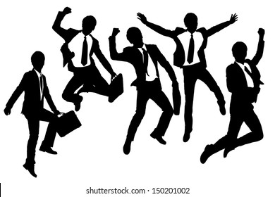 Silhouettes of happy jump and running Businessmen with white background