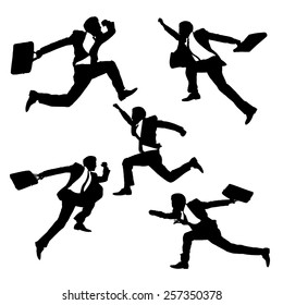 Silhouettes of happy jump and running Businessmen with white background