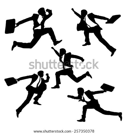 Silhouettes of happy jump and running Businessmen with white background