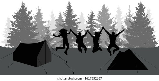 Silhouettes of happy jumping people in forest. Camping, nature. Vector illustration.