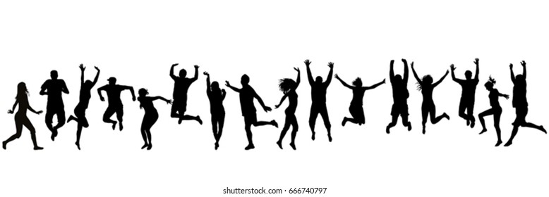 Silhouettes of happy men and women jumping