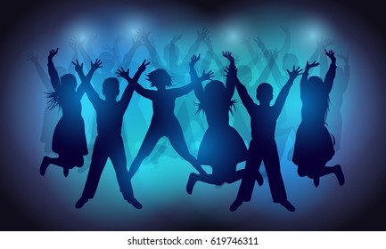 Silhouettes of happy people dancing and jumping at a disco or party. The dancing teenagers. Party background. Vector illustration