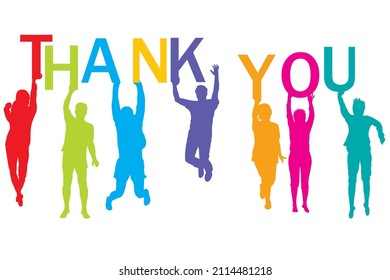 Silhouettes of happy people holding the word Thank You
