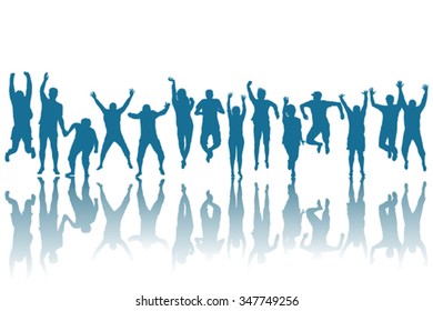 Silhouettes of happy people jumping