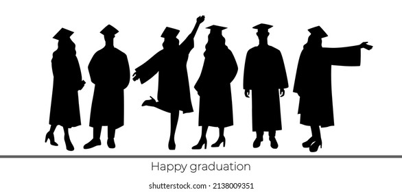 Silhouettes of happy students in academic caps. Happy graduation. Men and women. Education. Flat vector illustration isolated on white background