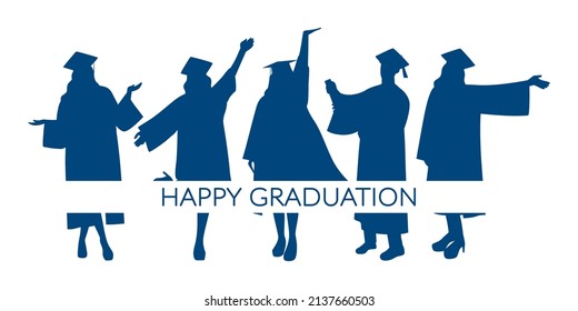 Silhouettes of happy students, graduates. High school graduation. Flat vector illustration isolated on white background