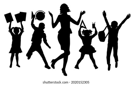 Silhouettes of happy teacher and school children of first graders with books, globe, copybooks, ruler, pens and pensils. Back to school. Vector illustration.